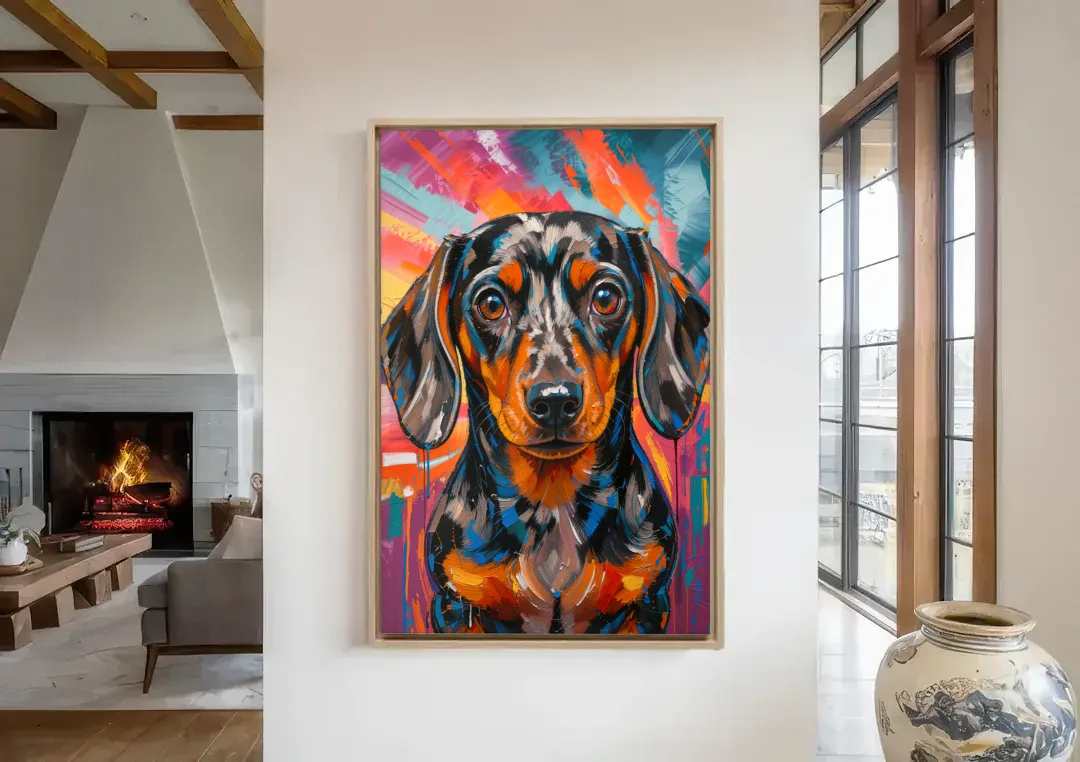 Expressive Dapple Wiener Dog Color Burst canvas wall art in a living room with a fireplace