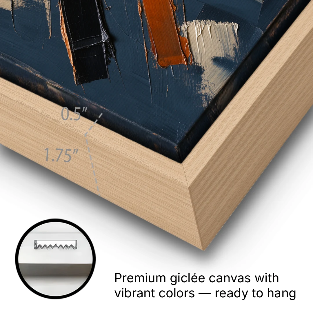 Dark Abstract Copper Crossings in Navy - Oak Framed Canvas Wall Art - Gallery Wrap Corner