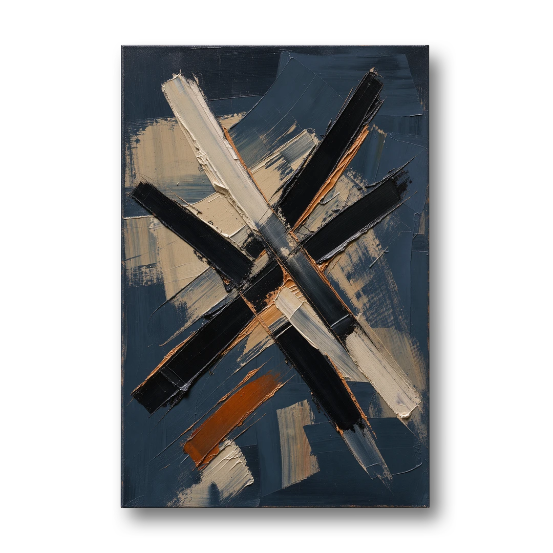 Dark Abstract Copper Crossings in Navy - Canvas Wall Art - Front