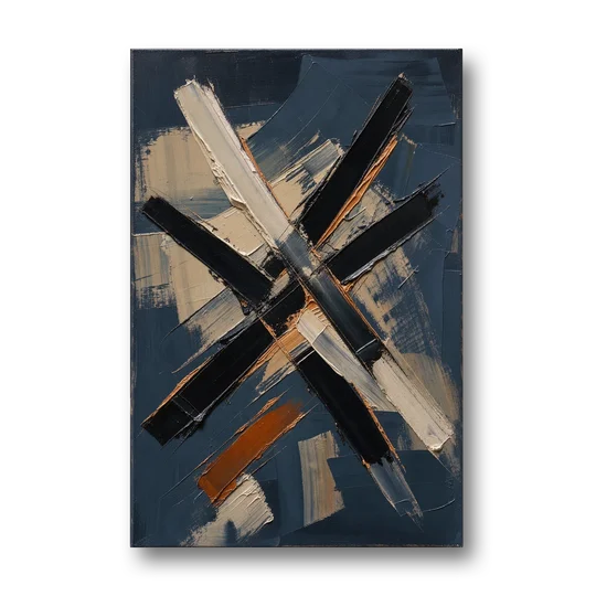 Dark Abstract Copper Crossings in Navy - Canvas Wall Art - Front