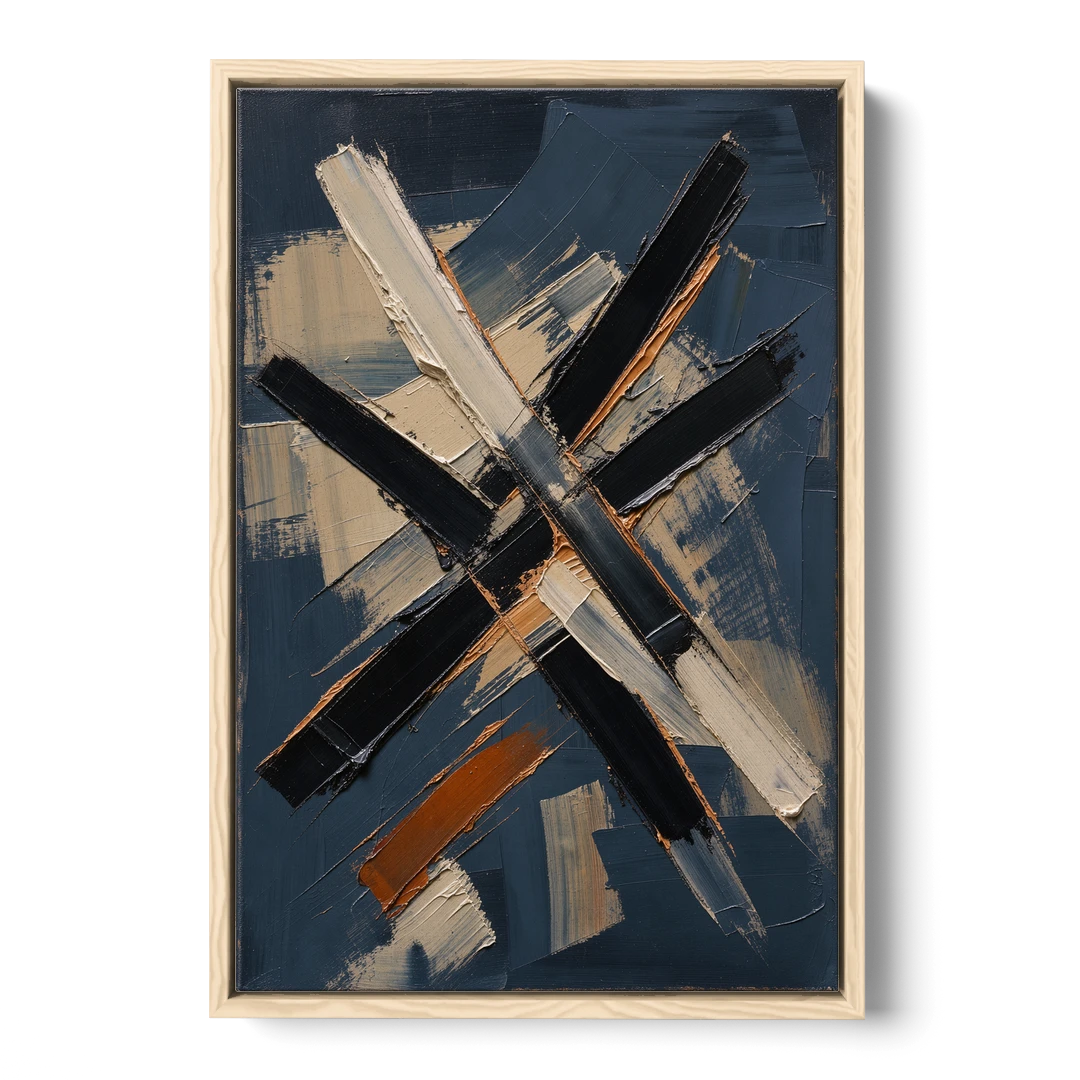 Dark Abstract Copper Crossings in Navy - Oak Framed Canvas Wall Art - Front