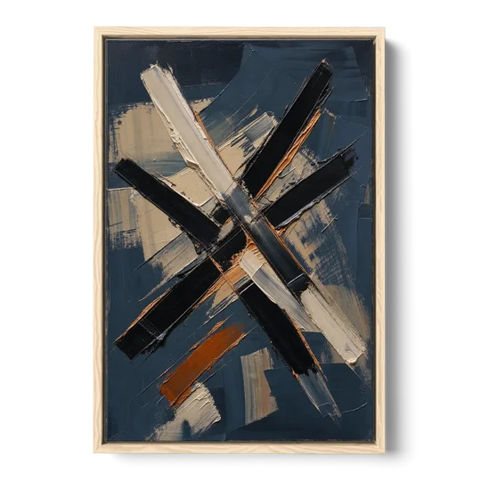 Dark Abstract Copper Crossings in Navy - Oak Framed Canvas Wall Art - Front