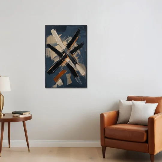 Dark Abstract Copper Crossings in Navy - Canvas Wall Art - Sofa - 24x36
