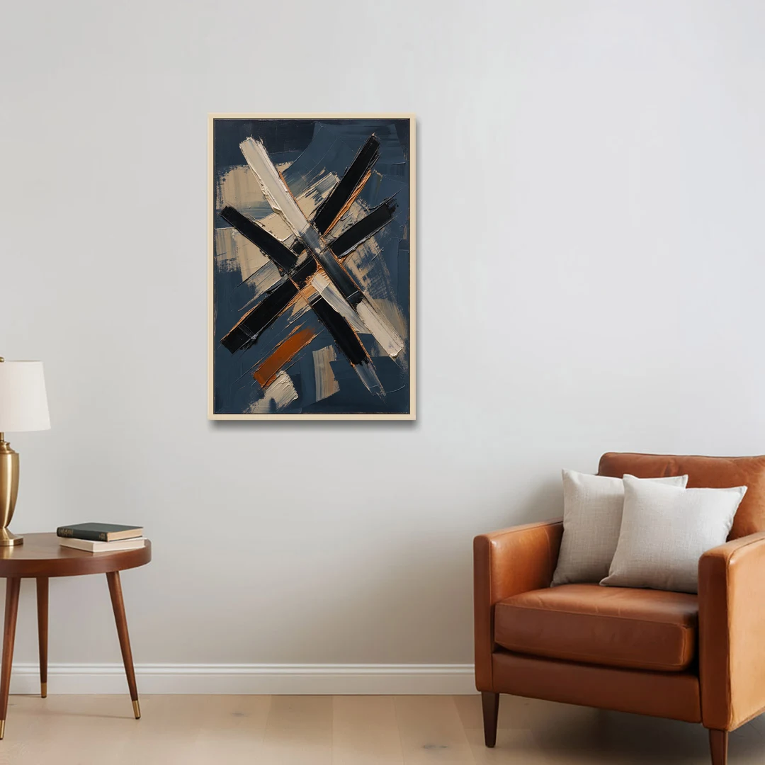 Dark Abstract Copper Crossings in Navy - Oak Framed Canvas Wall Art - Sofa - 24x36