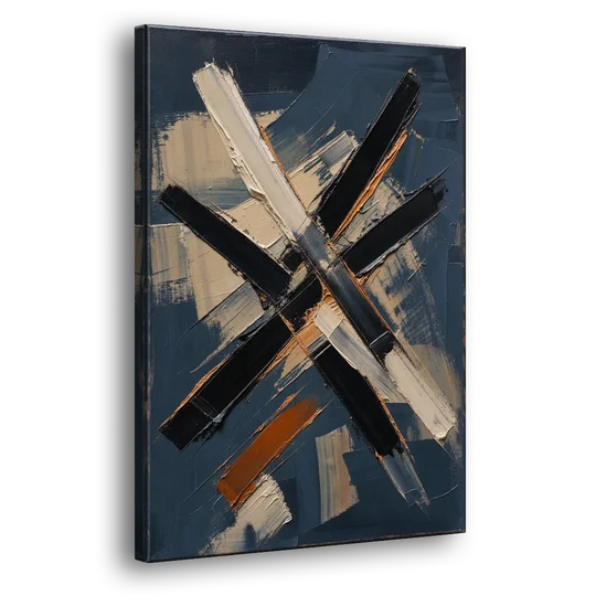 Dark Abstract Copper Crossings in Navy - Canvas Wall Art - Side