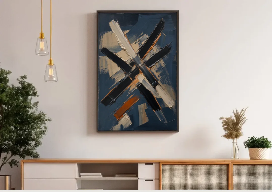 Dark Abstract Copper Crossings in Navy canvas wall art above a wooden sideboard under pendant lights