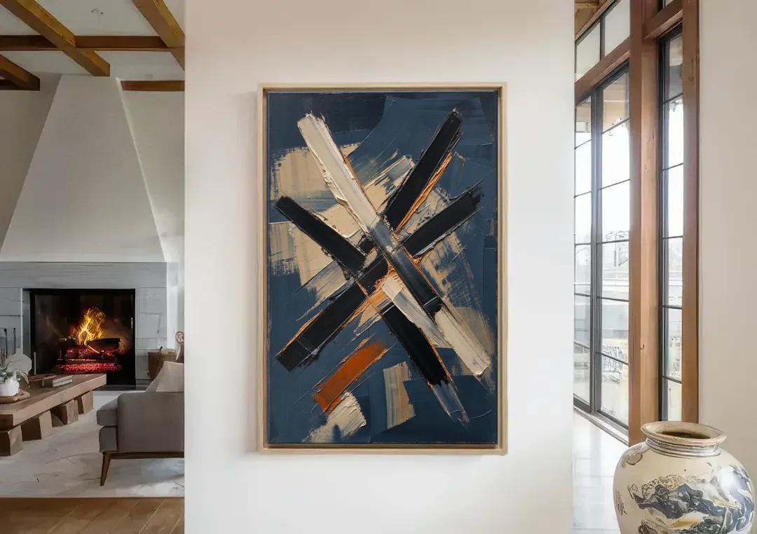 Dark Abstract Copper Crossings in Navy canvas wall art in a living room with a fireplace