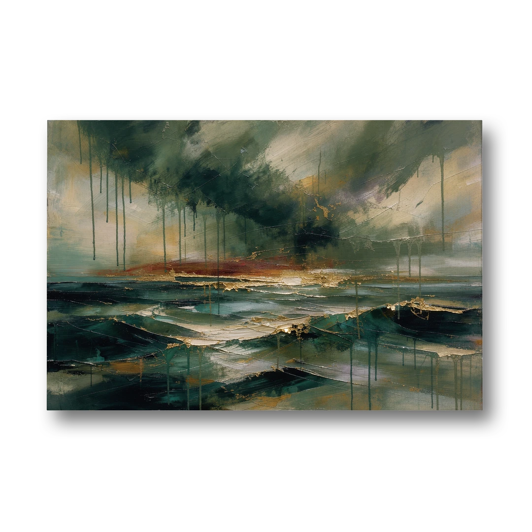 Dark Abstract Painting of an Emerald Storm Sea - Canvas Wall Art - Front