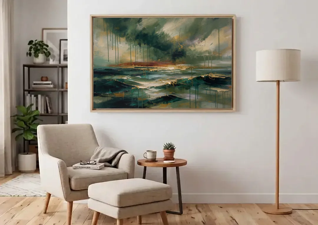 Dark Abstract Painting of an Emerald Storm Sea canvas wall art above an armchair in a bright living room