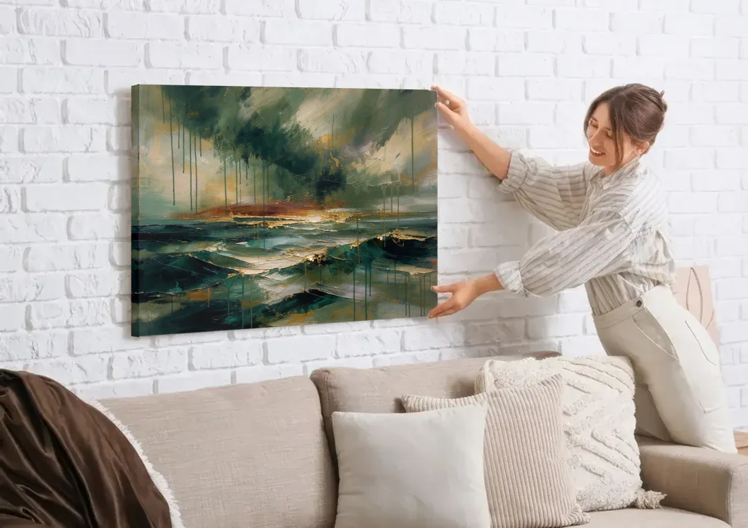 Dark Abstract Painting of an Emerald Storm Sea canvas wall art being hung on a white brick wall above a sofa