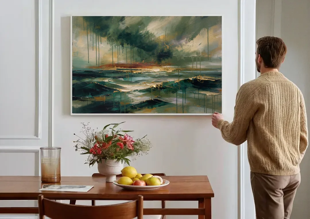 Dark Abstract Painting of an Emerald Storm Sea canvas wall art above a dining table