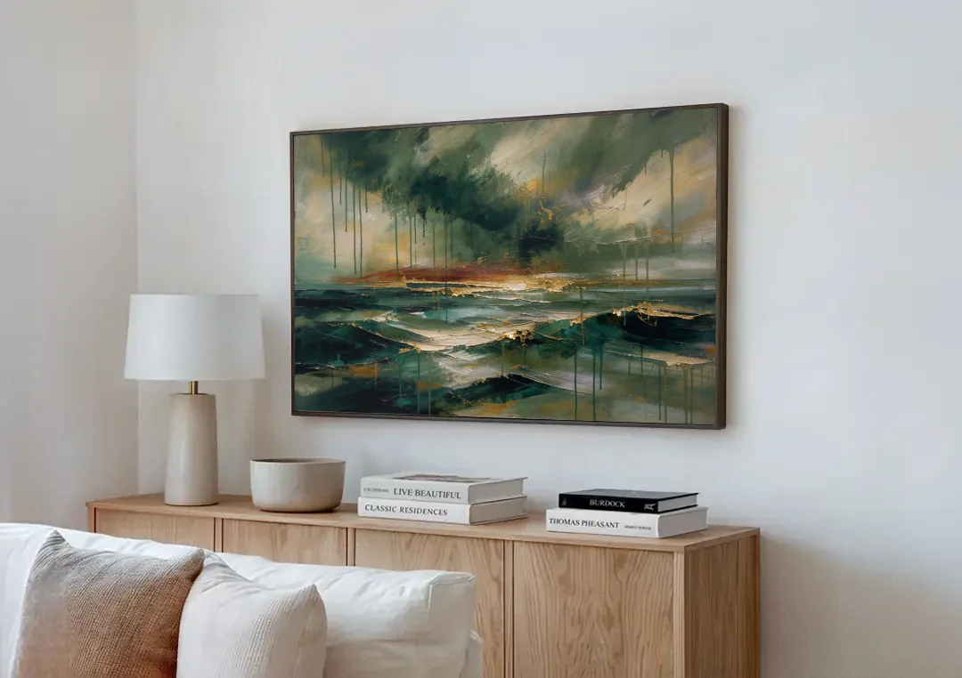 Dark Abstract Painting of an Emerald Storm Sea canvas wall art above a wooden sideboard next to a sofa