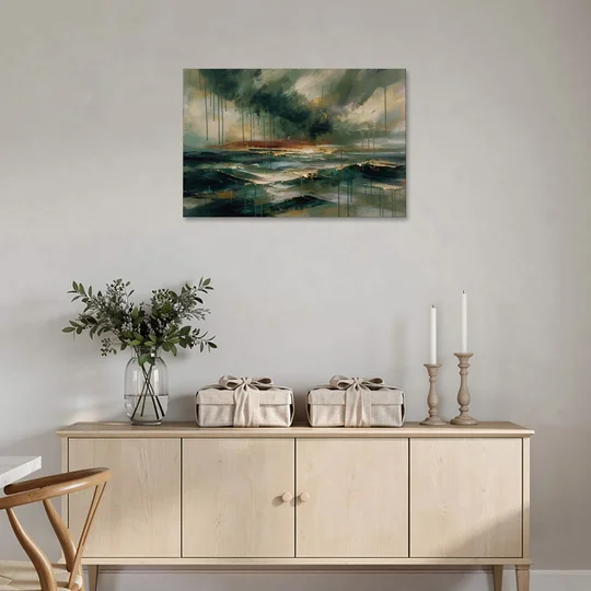 Dark Abstract Painting of an Emerald Storm Sea - Canvas Wall Art - Coffee Table - 36x24