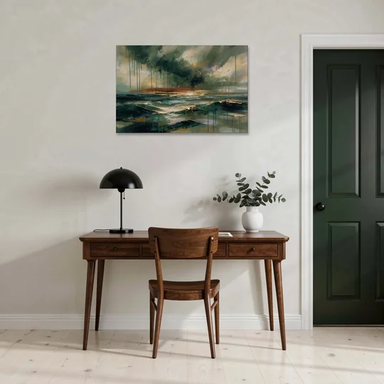 Dark Abstract Painting of an Emerald Storm Sea - Canvas Wall Art - Office - 36x24