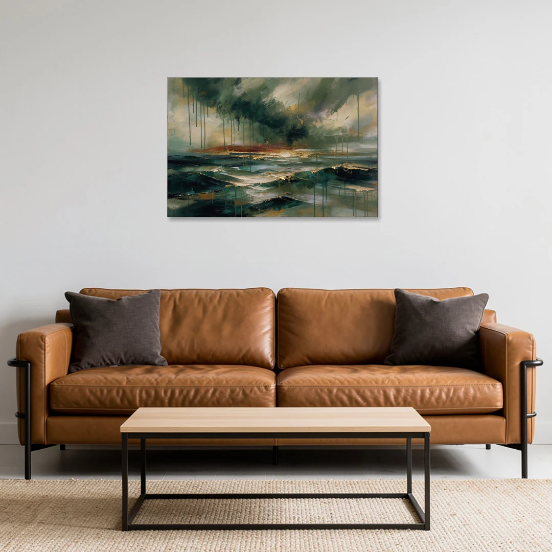 Dark Abstract Painting of an Emerald Storm Sea - Canvas Wall Art - Sofa - 36x24