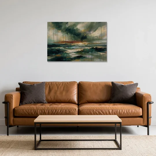 Dark Abstract Painting of an Emerald Storm Sea - Canvas Wall Art - Sofa - 36x24