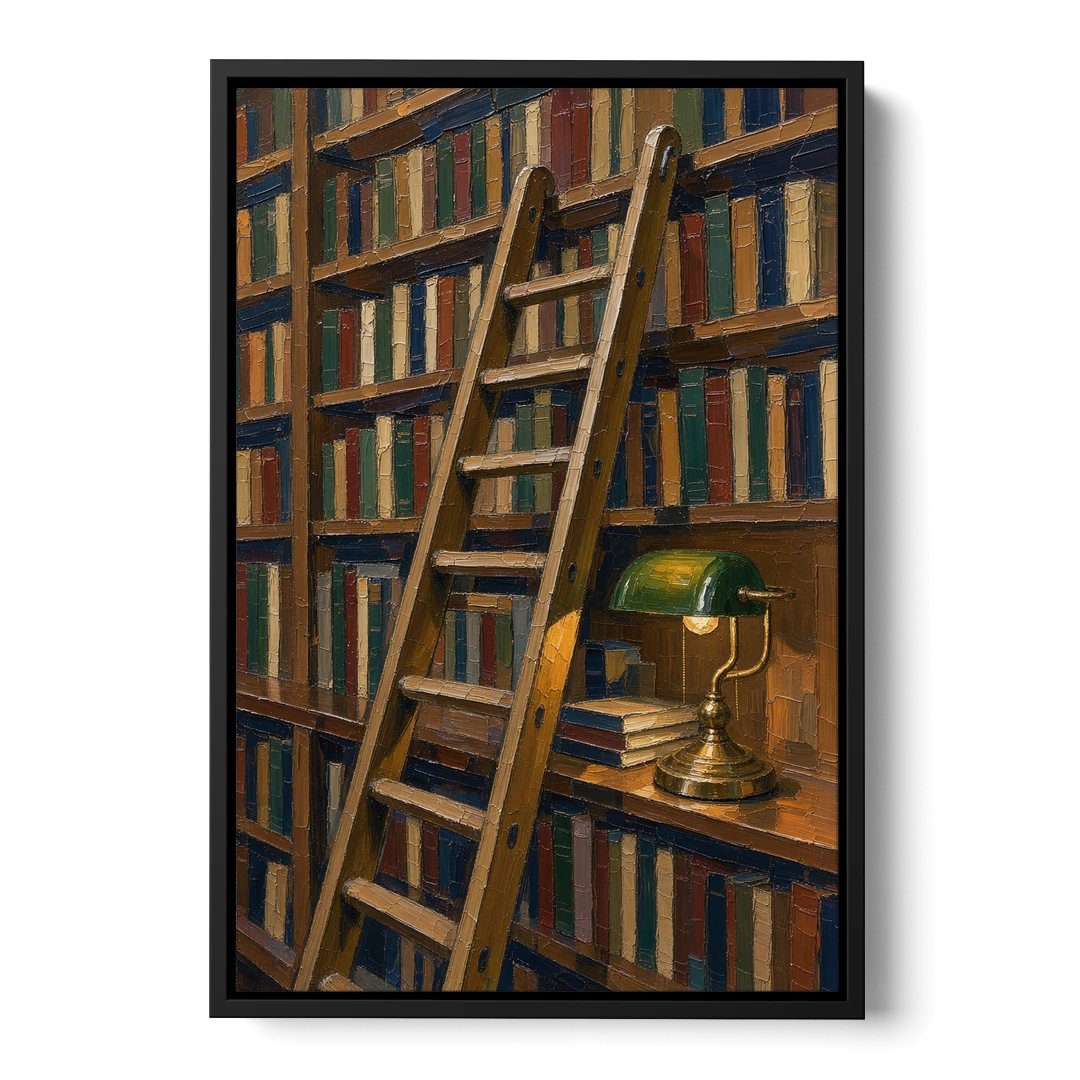 Dark Academia Decor Library Ladder by Lamplight - Black Framed Canvas Wall Art - Front