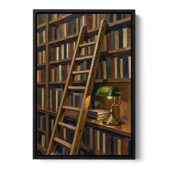 Dark Academia Decor Library Ladder by Lamplight - Black Framed Canvas Wall Art - Front