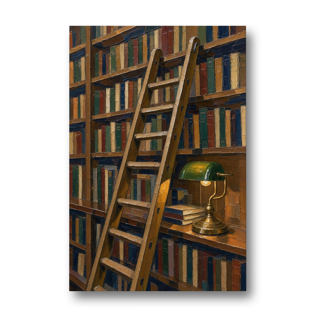 Dark Academia Decor Library Ladder by Lamplight - Canvas Wall Art - Front