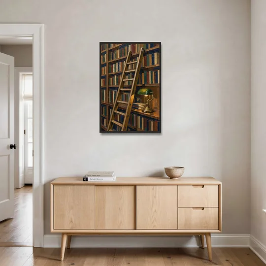 Dark Academia Decor Library Ladder by Lamplight - Black Framed Canvas Wall Art - Coffee Table - 24x36