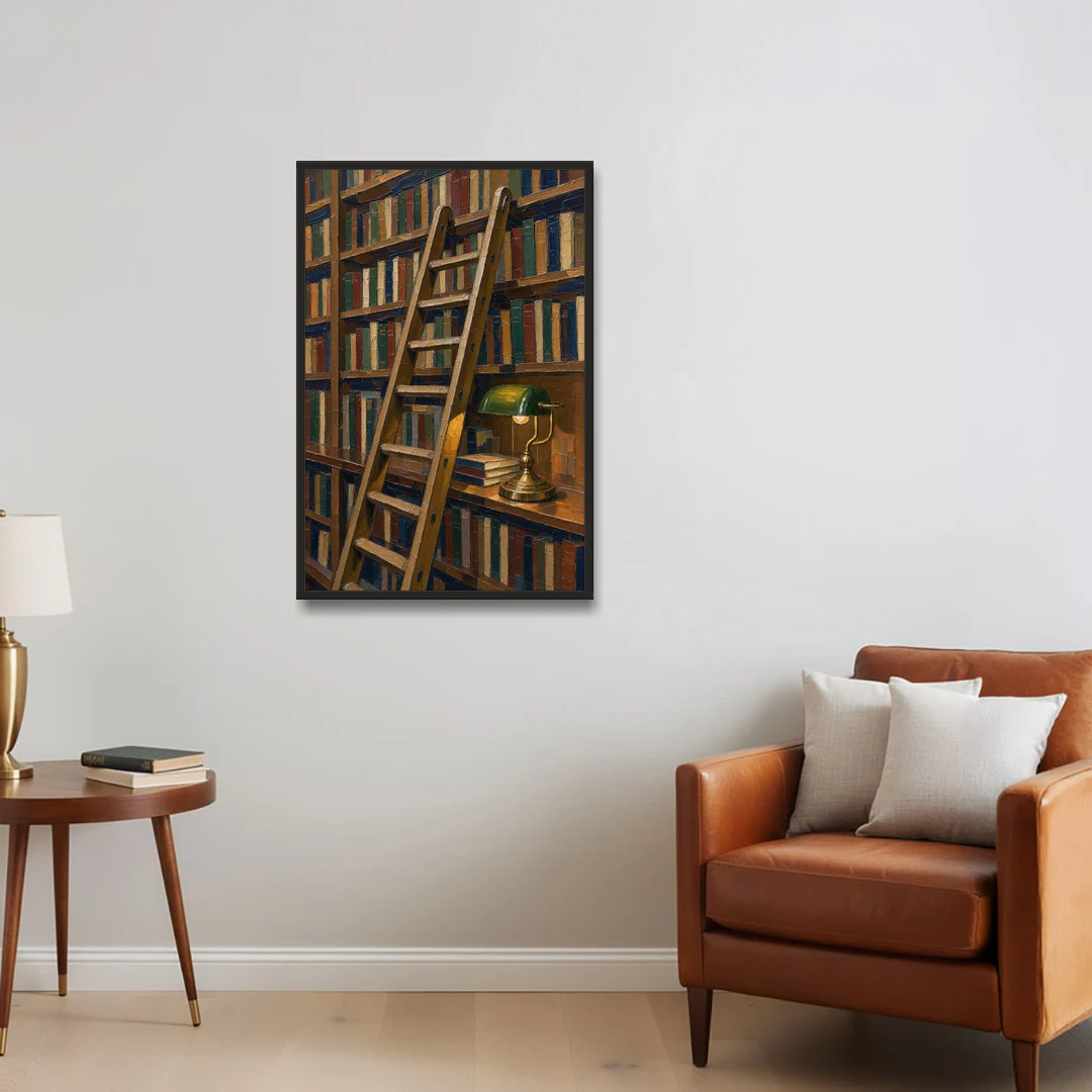 Dark Academia Decor Library Ladder by Lamplight - Black Framed Canvas Wall Art - Sofa - 24x36