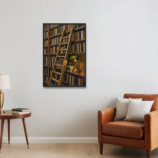 Dark Academia Decor Library Ladder by Lamplight - Black Framed Canvas Wall Art - Sofa - 24x36