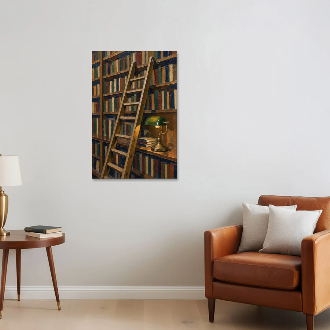 Dark Academia Decor Library Ladder by Lamplight - Canvas Wall Art - Sofa - 24x36