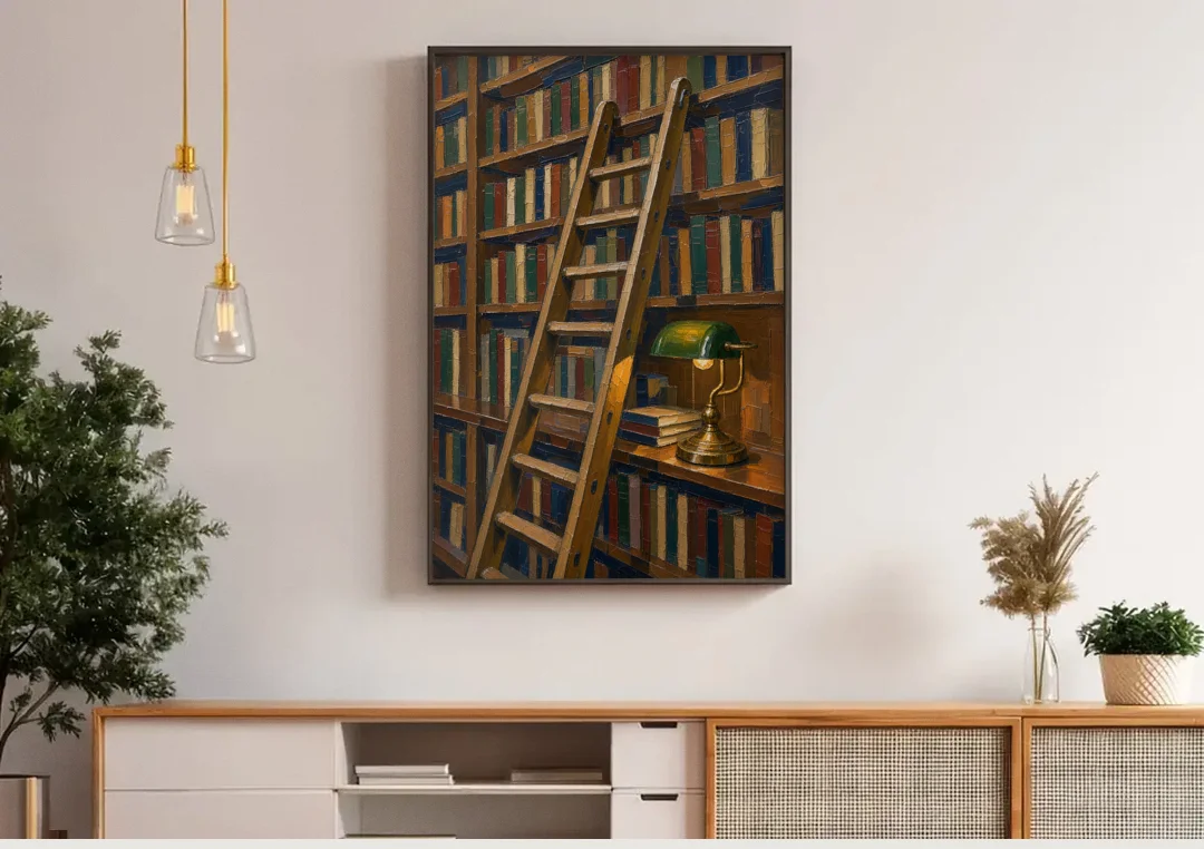 Dark Academia Decor Library Ladder by Lamplight canvas wall art above a wooden sideboard under pendant lights