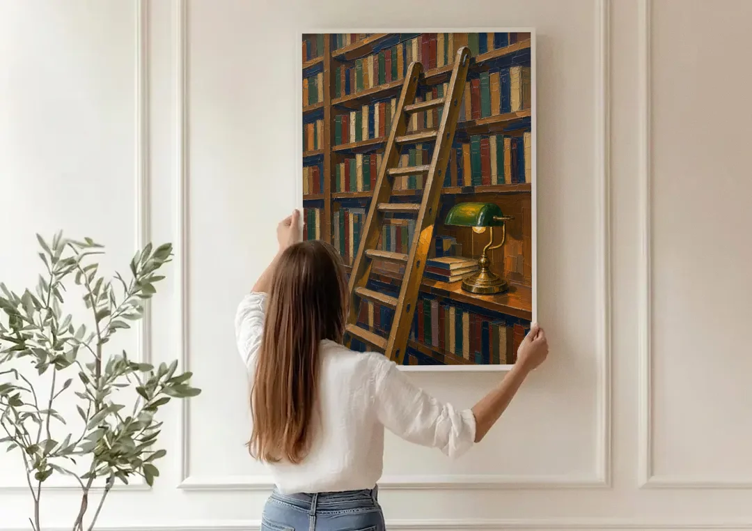 Dark Academia Decor Library Ladder by Lamplight canvas wall art being hung on a paneled wall