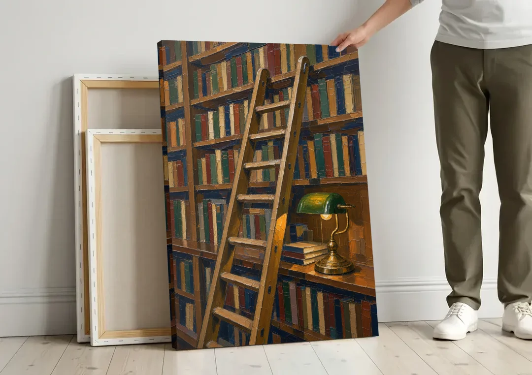 Dark Academia Decor Library Ladder by Lamplight canvas wall art leaning against a wall next to blank canvases