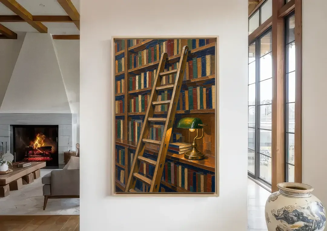 Dark Academia Decor Library Ladder by Lamplight canvas wall art in a living room with a fireplace