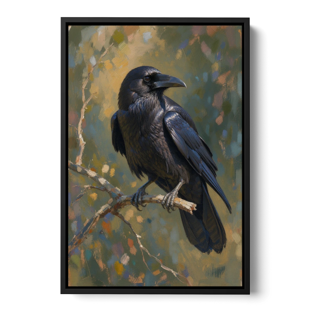 Dark Academia Raven at Dusk - Black Framed Canvas Wall Art - Front