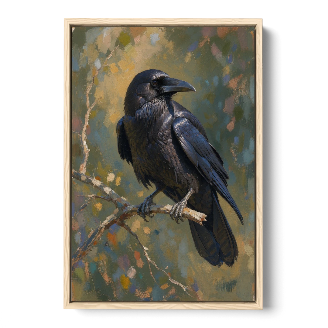 Dark Academia Raven at Dusk - Oak Framed Canvas Wall Art - Front