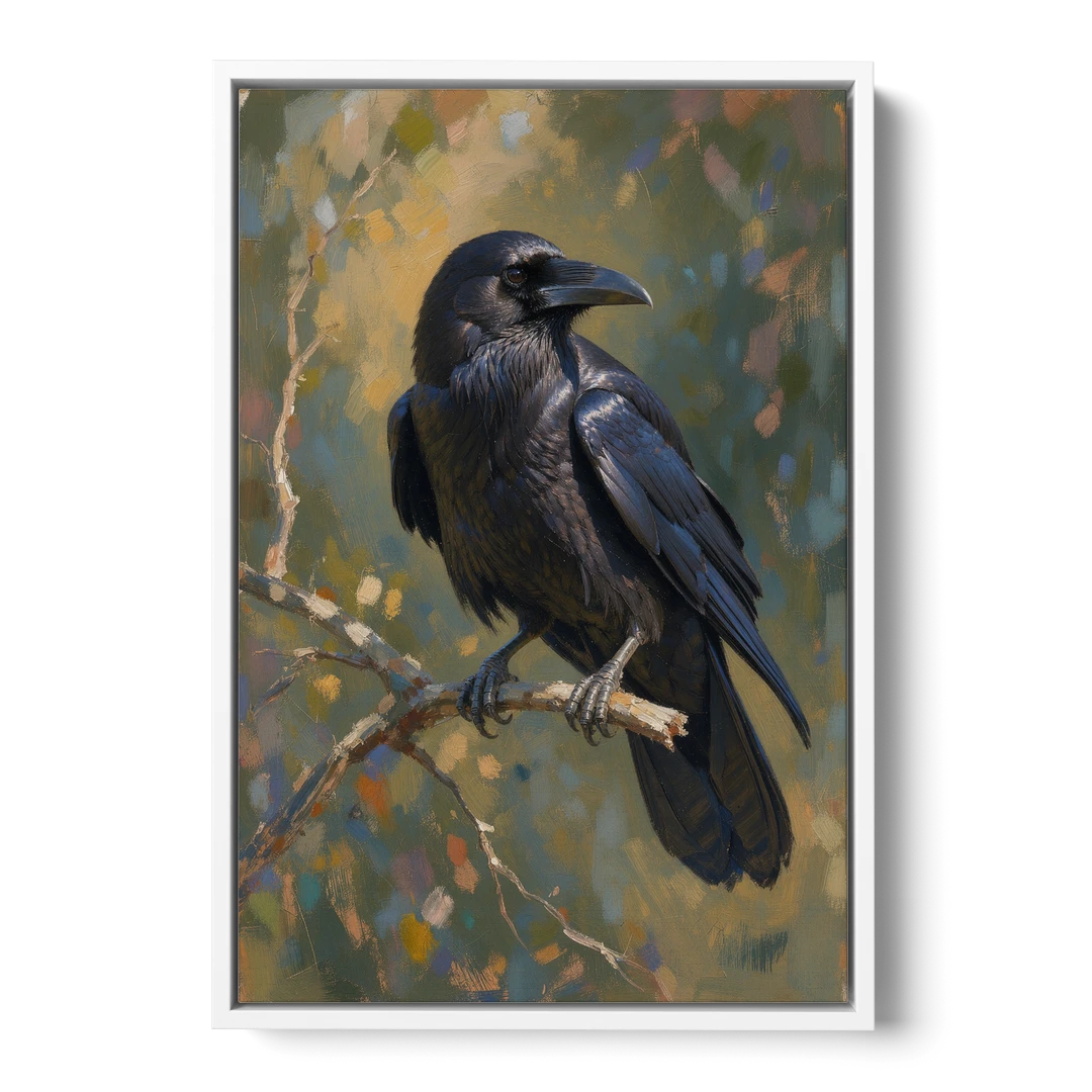 Dark Academia Raven at Dusk - White Framed Canvas Wall Art - Front
