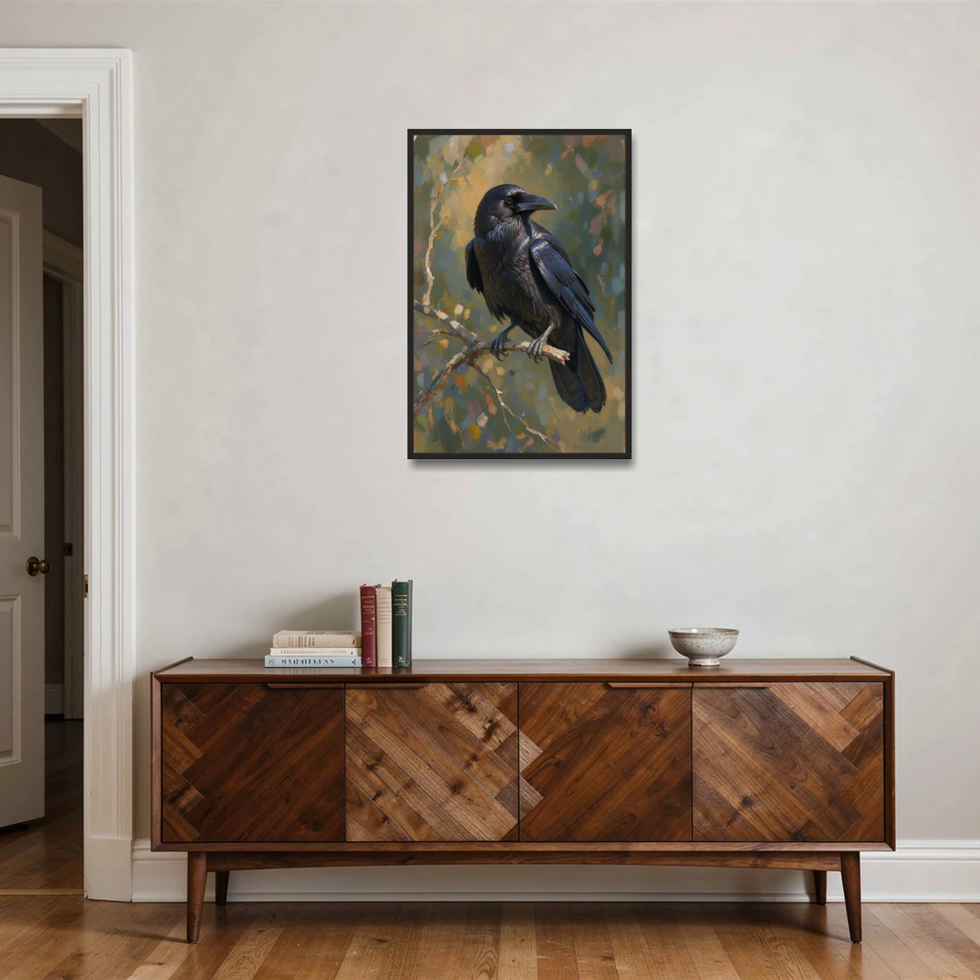 Dark Academia Raven at Dusk - Black Framed Canvas Wall Art - Coffee Table - 24x36