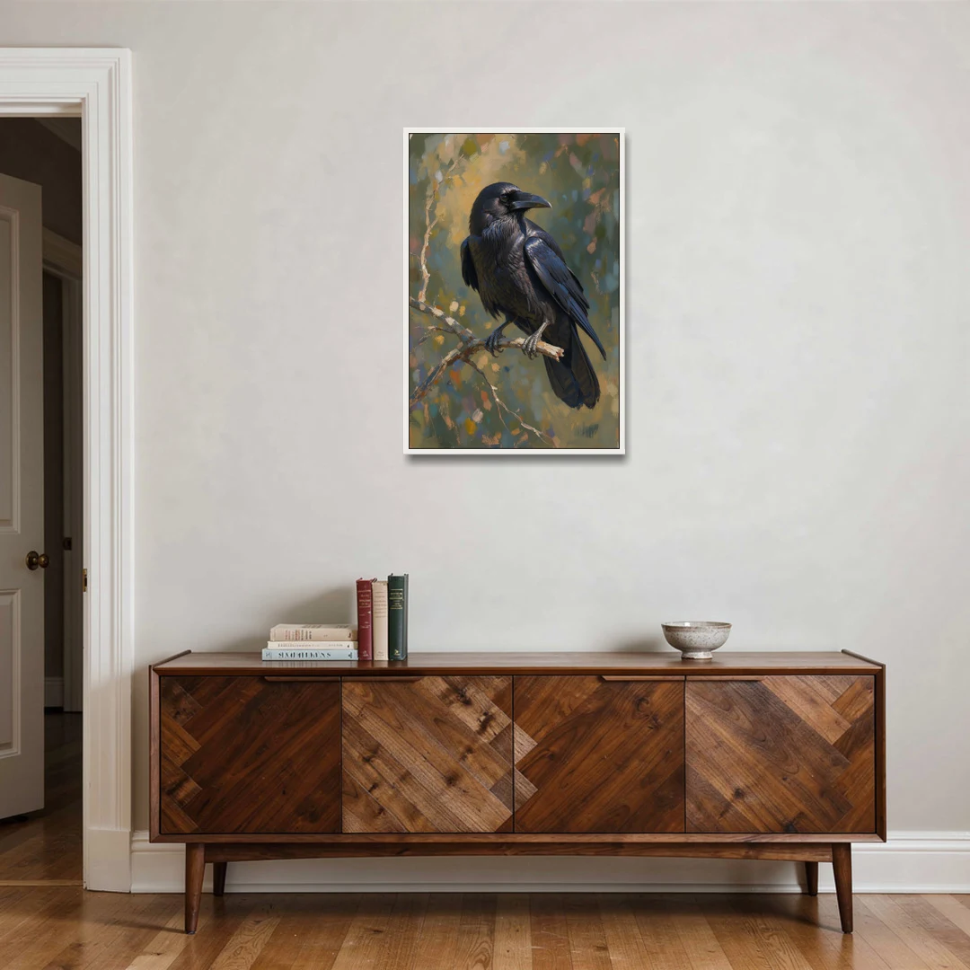 Dark Academia Raven at Dusk - White Framed Canvas Wall Art - Coffee Table - 24x36