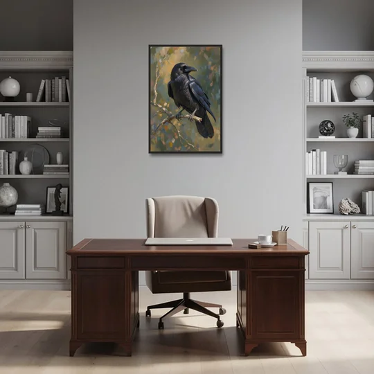 Dark Academia Raven at Dusk - Black Framed Canvas Wall Art - Office - 24x36
