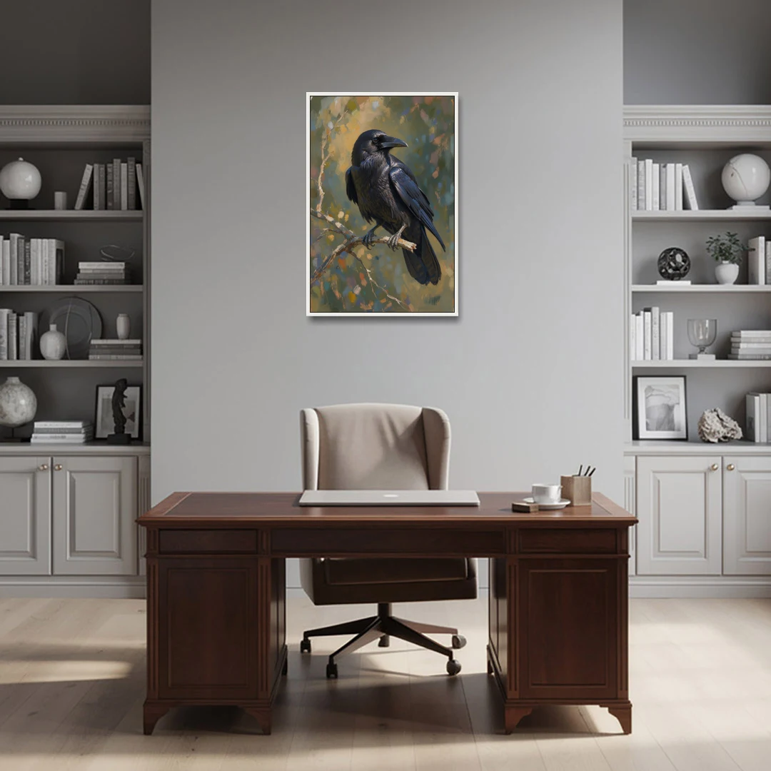 Dark Academia Raven at Dusk - White Framed Canvas Wall Art - Office - 24x36