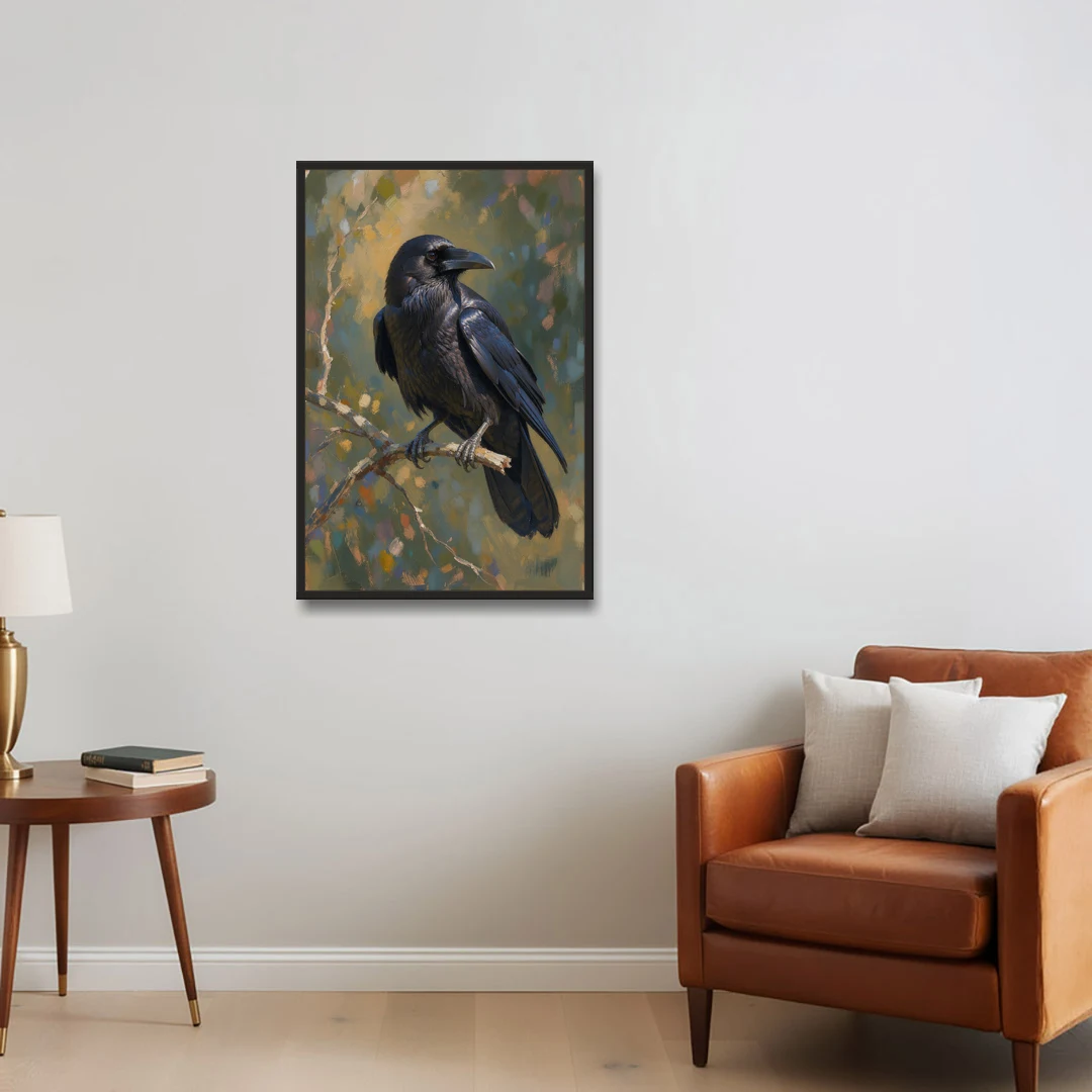 Dark Academia Raven at Dusk - Black Framed Canvas Wall Art - Sofa - 24x36