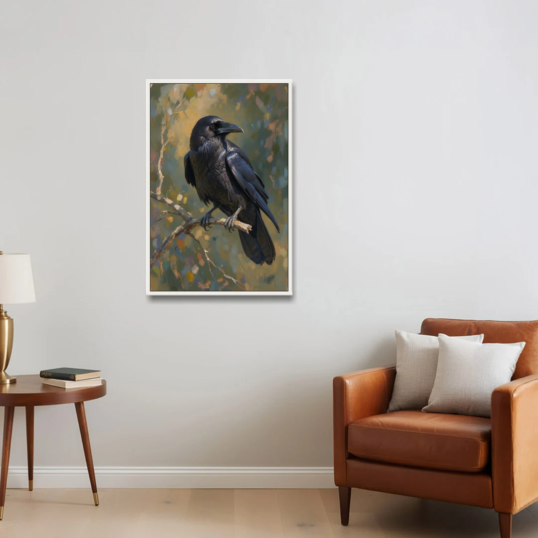 Dark Academia Raven at Dusk - White Framed Canvas Wall Art - Sofa - 24x36