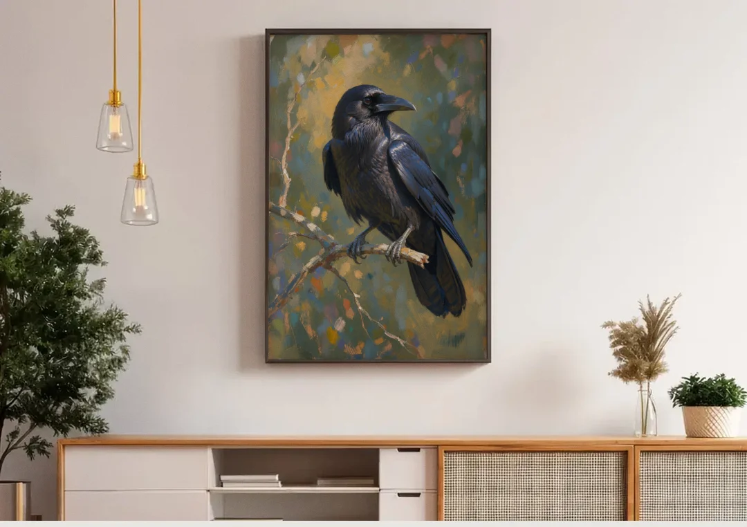 Dark Academia Raven at Dusk canvas wall art above a wooden sideboard under pendant lights