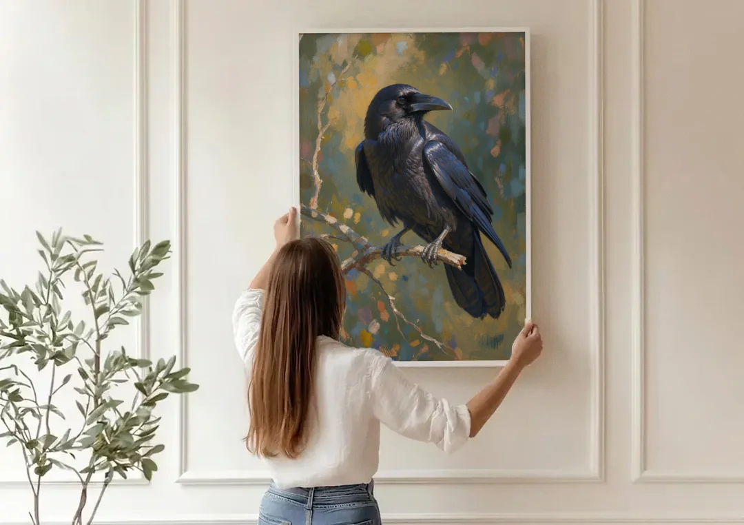 Dark Academia Raven at Dusk canvas wall art being hung on a paneled wall