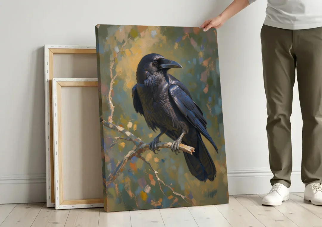 Dark Academia Raven at Dusk canvas wall art leaning against a wall next to blank canvases