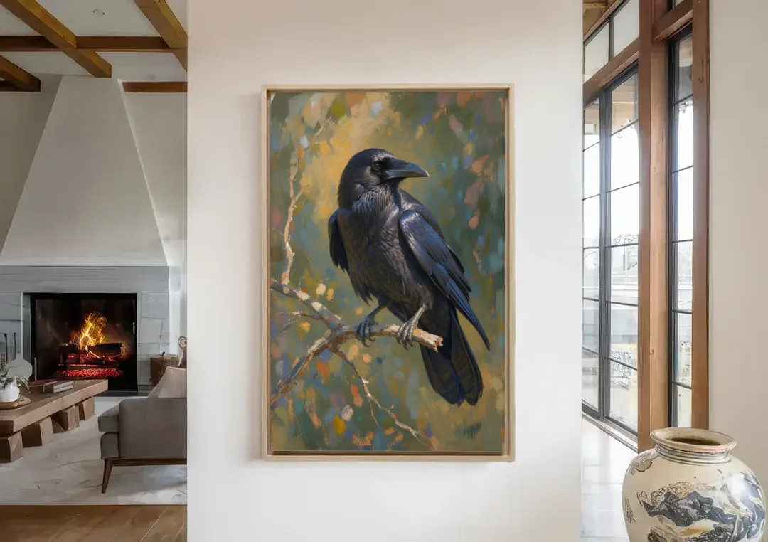 Dark Academia Raven at Dusk canvas wall art in a living room with a fireplace