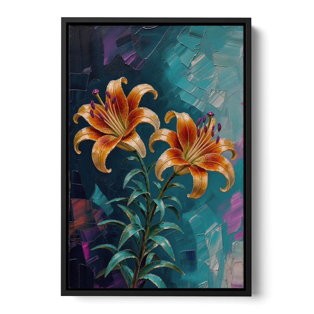 Dark Botanical Wall Art of Orange Lilies - Black Framed Canvas Wall Art - Front