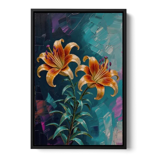 Dark Botanical Wall Art of Orange Lilies - Black Framed Canvas Wall Art - Front