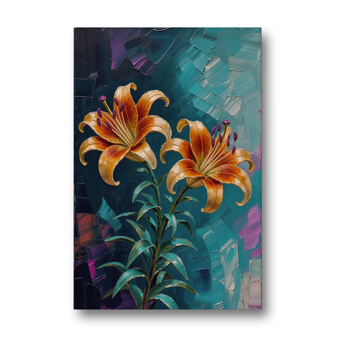 Dark Botanical Wall Art of Orange Lilies - Canvas Wall Art - Front