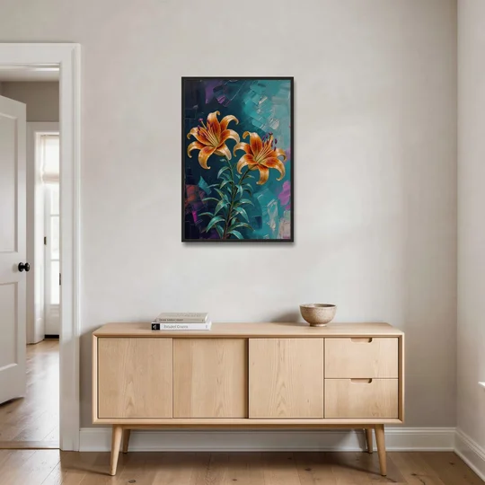 Dark Botanical Wall Art of Orange Lilies - Black Framed Canvas Wall Art - Coffee Table - 24x36