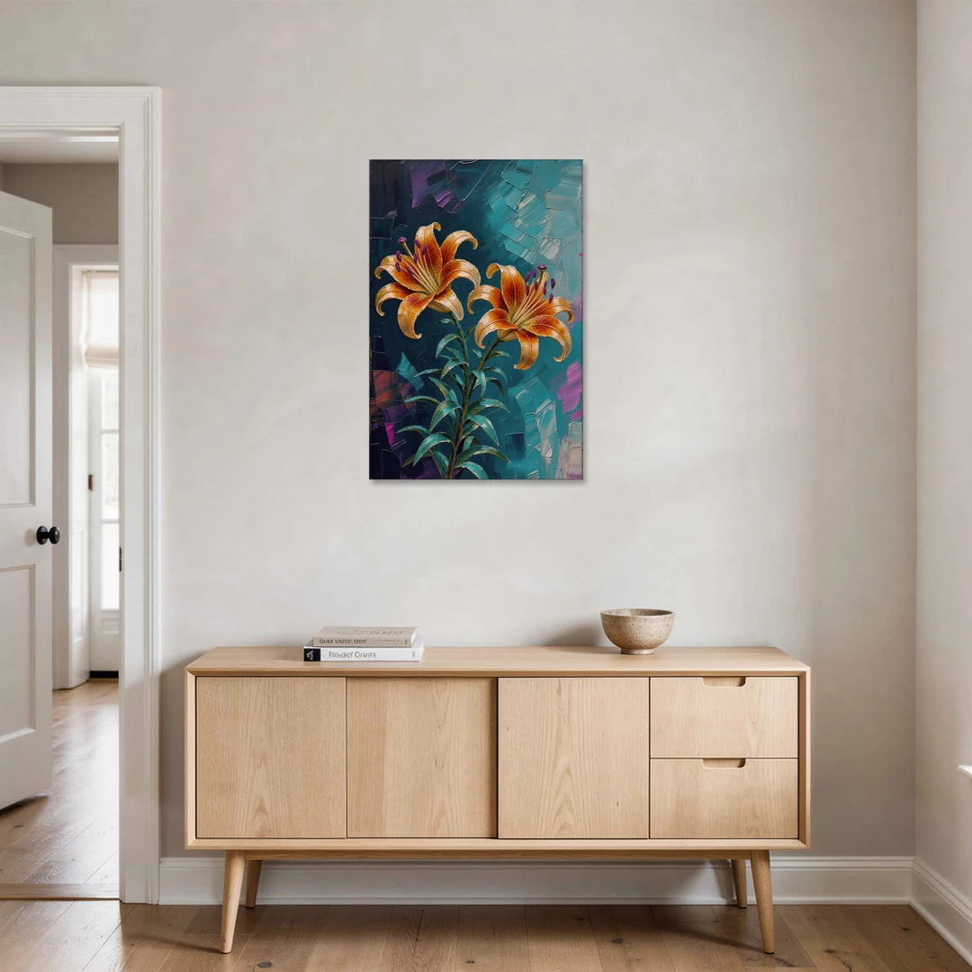 Dark Botanical Wall Art of Orange Lilies - Canvas Wall Art - Coffee Table - 24x36