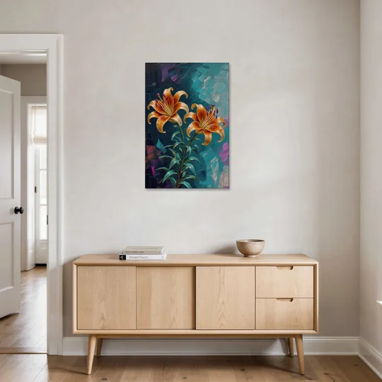 Dark Botanical Wall Art of Orange Lilies - Canvas Wall Art - Coffee Table - 24x36